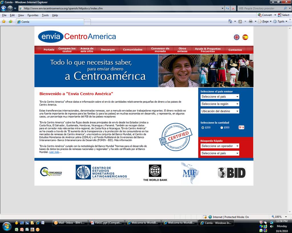 in Centroamerica www.enviacentroamerica.org Envía Centro América contains detailed informa3on on the costs of sending remi0ances from the four main remi0ance sending states in the U.S.