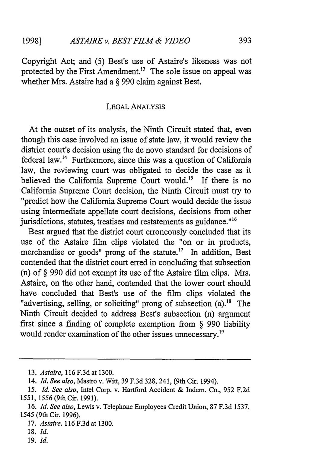 Hall: Astaire v. Best Film & Video Corp. 116 F.3d 1297 (9th Cir. 1997) 1998] ASTAIRE v.