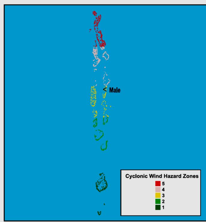 Figure 7: Cyclonic wind hazard map of the Maldives.