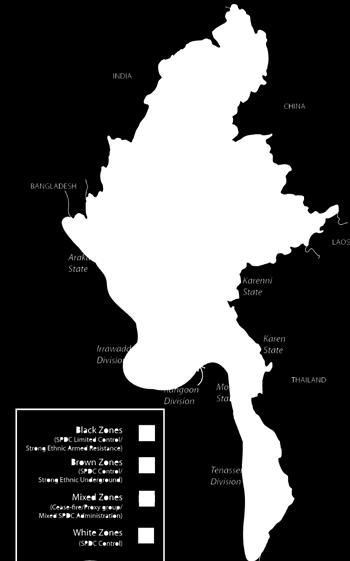Zones of Control in Burma Zones of Control in Burma Black zones are areas designated by the Burma Army as free-fire zones and where displaced people who do not want to be under Burma Army control are