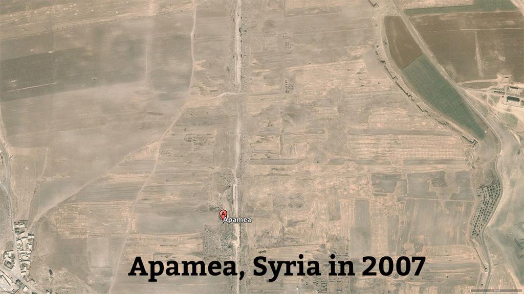 Above: satellite images from Google Maps of Apamea, Syria in 2007 and 2012, illustrating extent of looting. Slide cursor or finger across image to compare.