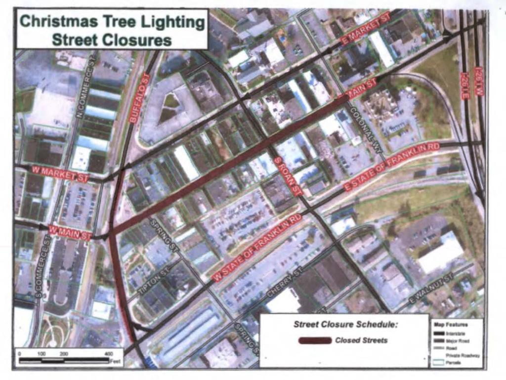 Friday, December 1, 2017, of portions of various streets (see map below), as requested by the Community Relations and Public Works Departments, to accommodate the Johnson City Christmas Tree