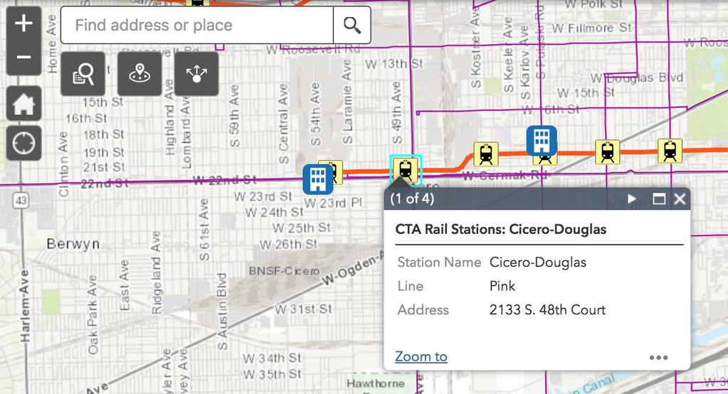 When a user clicks on a transit stop or line, the interactive popup displays the name of the