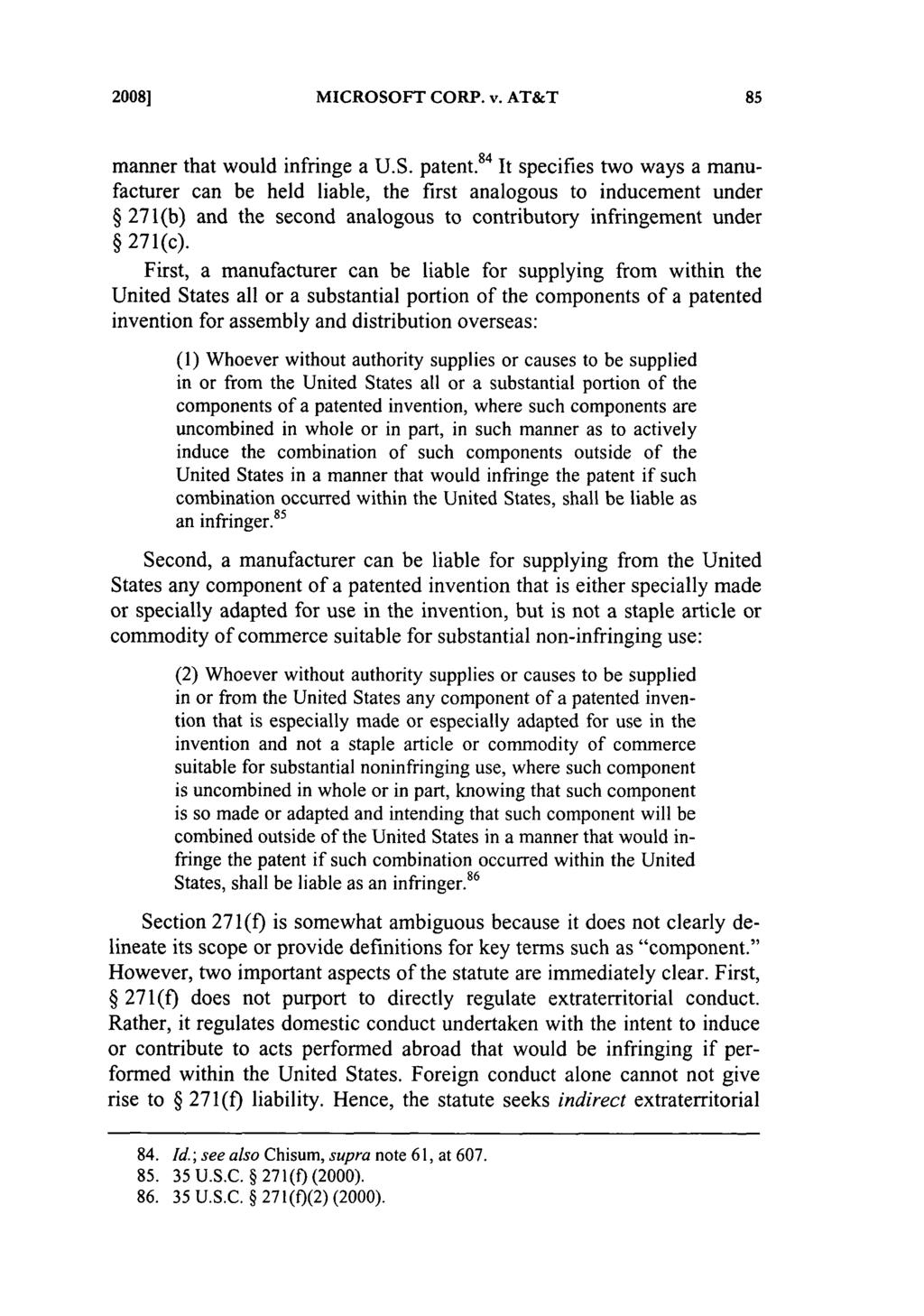 2008] MICROSOFT CORP. v. AT&T manner that would infringe a U.S. patent.