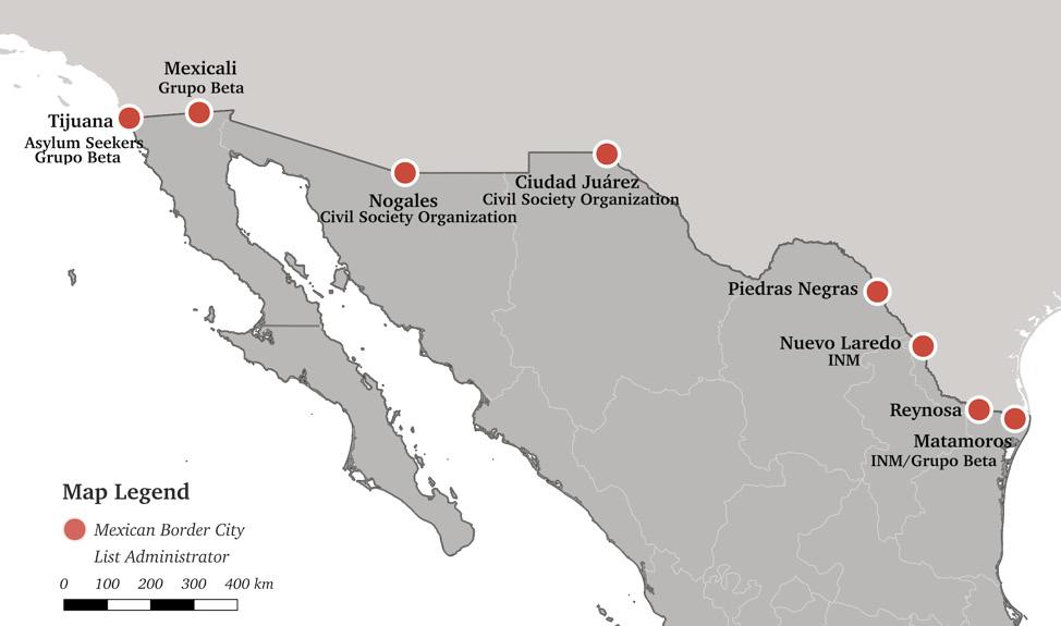 Map 1: Mexican Border Cities and Waiting List Administrators Author elaboration estimated to range between 60 and 80, while in Tijuana, there are currently more than 5,000 asylum seekers on the list.
