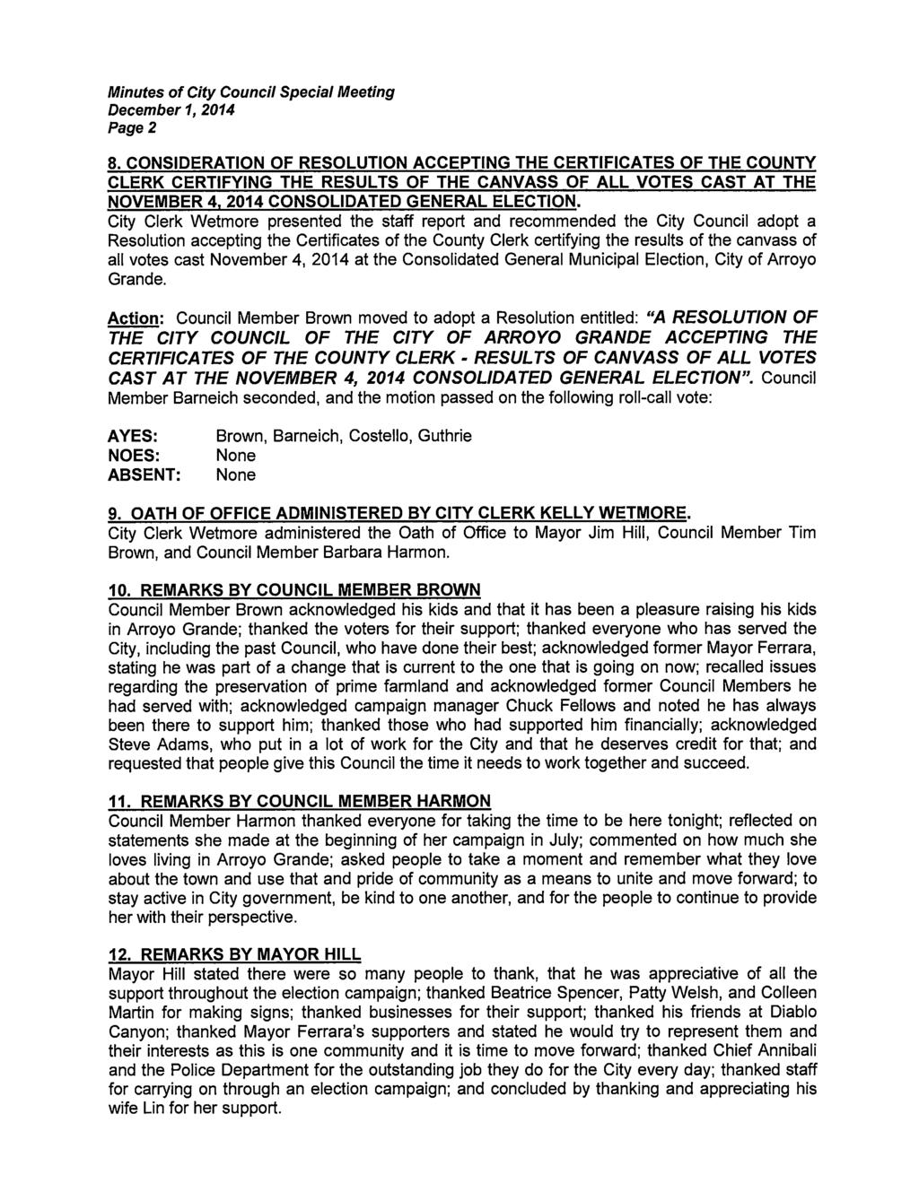 Minutes of City Council Special Meeting December 1, 2014 Page2 8.