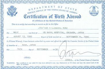 Certification of Birth Abroad issued by the U.S.