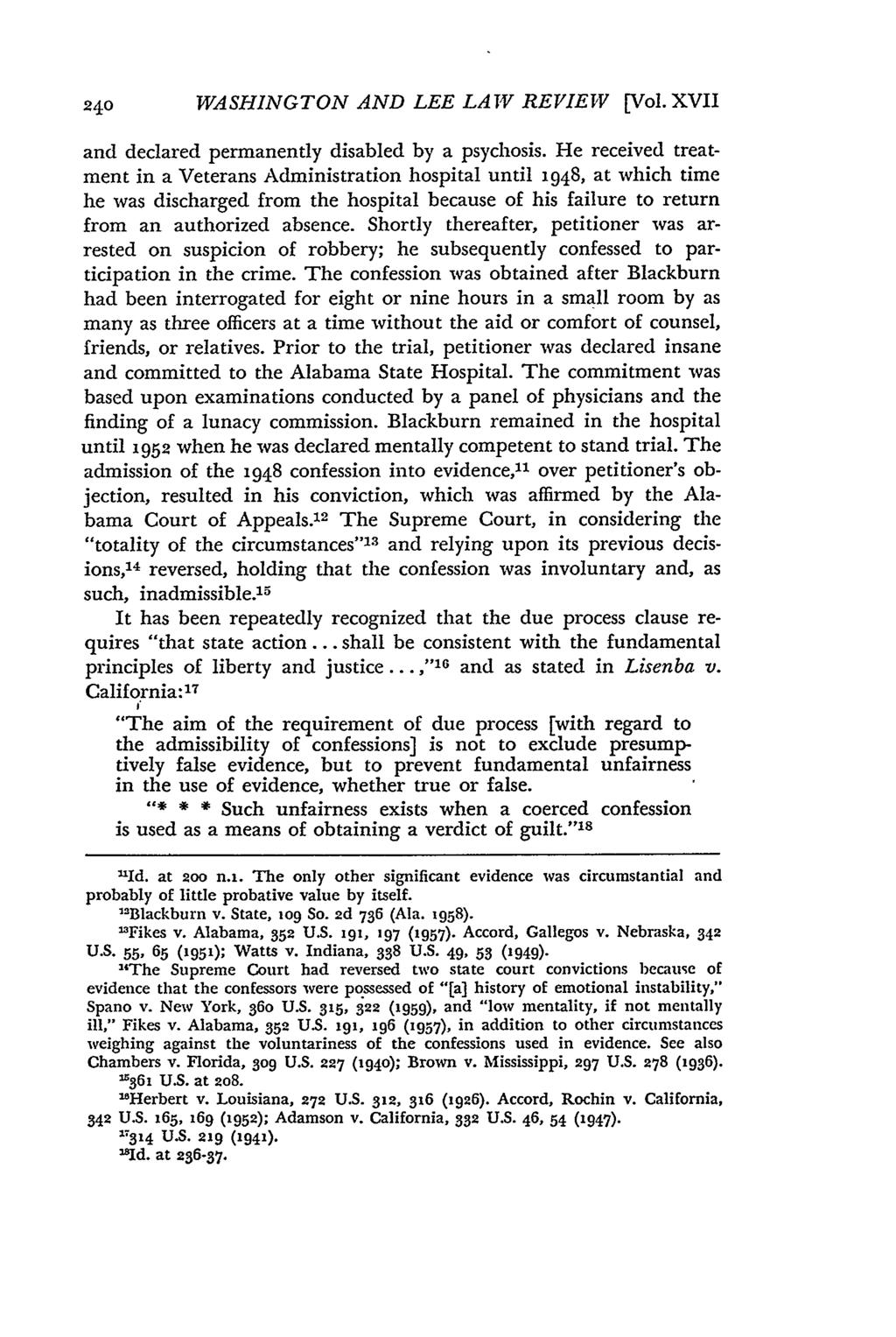 240 WASHINGTON AND LEE LAW REVIEW [Vol. XVII and declared permanently disabled by a psychosis.