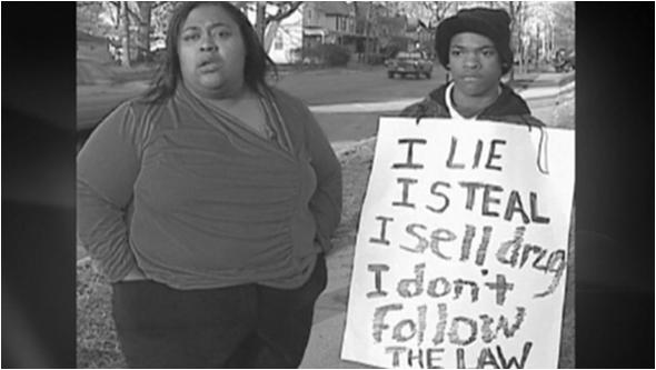 Dynesha Lax of Fort Wayne, Indiana, made her 14-year-old son boast this sign as punishment for several