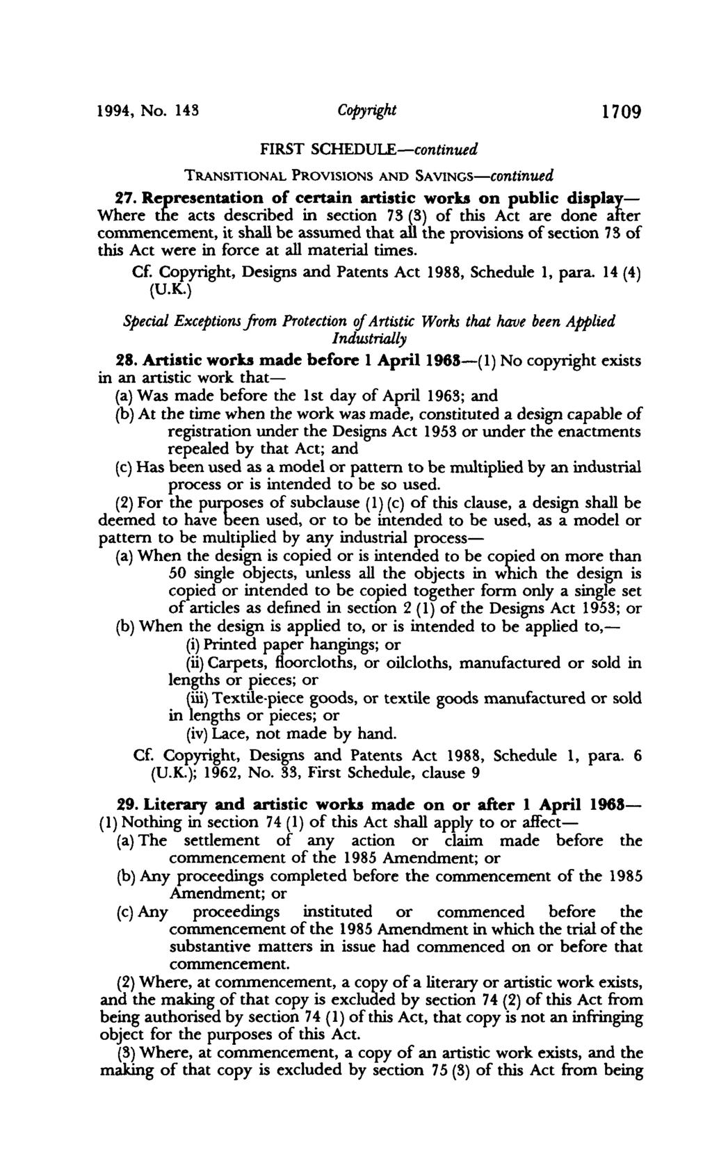 1994, No. 143 Copyright 1709 FIRST SCHEDULE-continued TRANSITIONAL PROVISIONS AND SA VlNGS-continued 27.