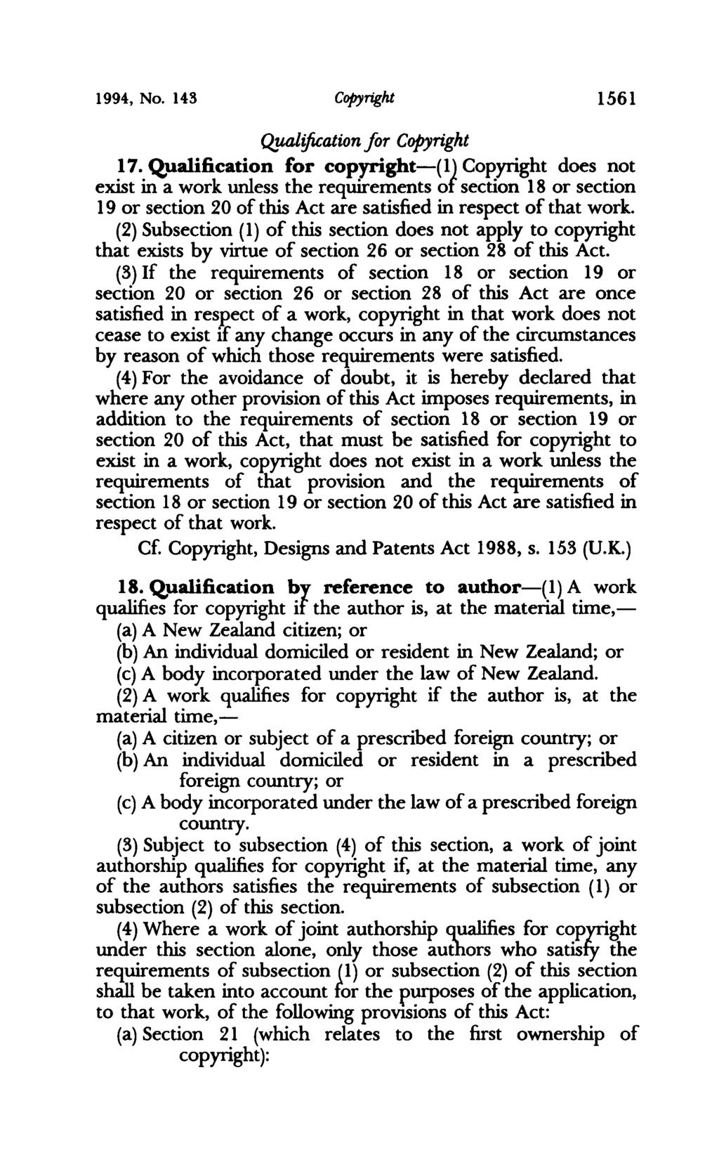 1994, No. 143 COPYright 1561 Qualification for Copyright 17.