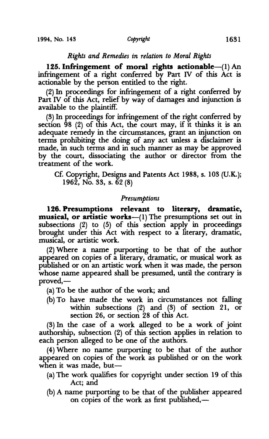 1994, No. 143 Copyright 1631 Rights and Remedies in relation to Moral Rights 125.