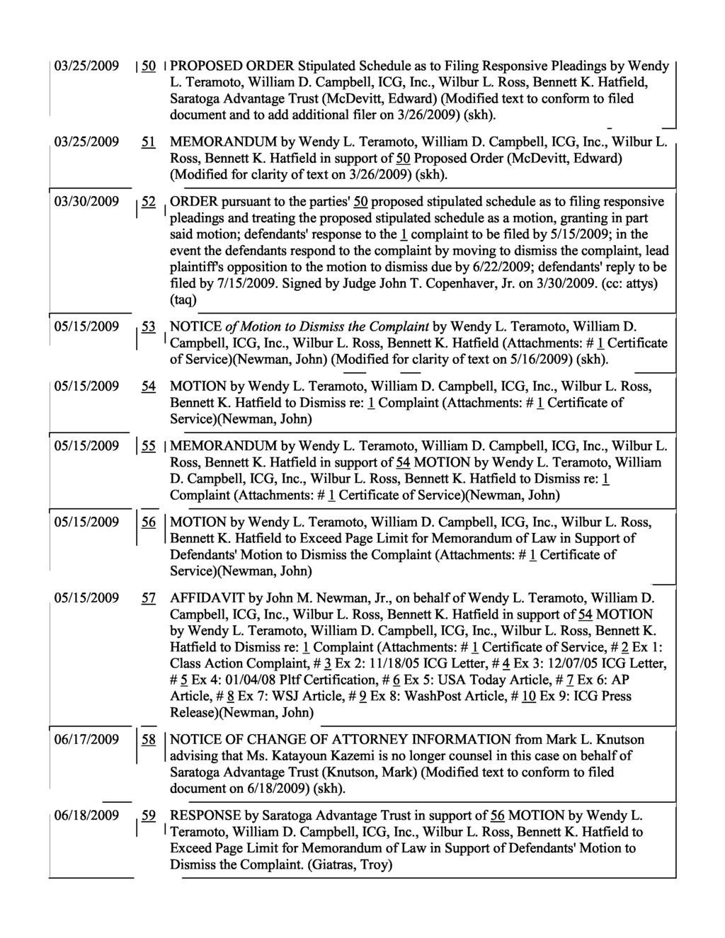 03/25/2009 1 50 1 PROPOSED ORDER Stipulated Schedule as to Filing Responsive Pleadings by Wendy L. Teramoto, William D. Campbell, ICG, Inc., Wilbur L. Ross, Bennett K.