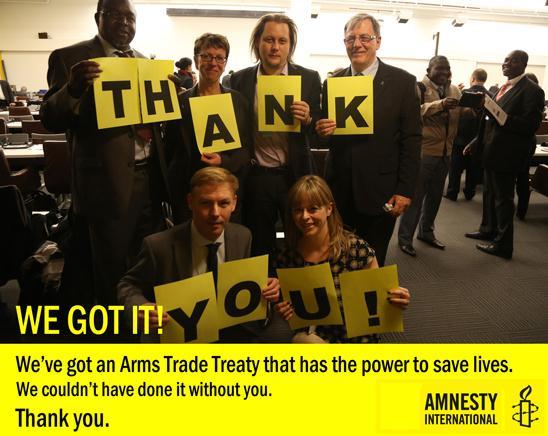 ARMS TRADE TREATY SUCCESS: Twenty years, millions of actions taken by AI:UK activists, including the Reading group, six years of UN deliberations and it has all paid off.