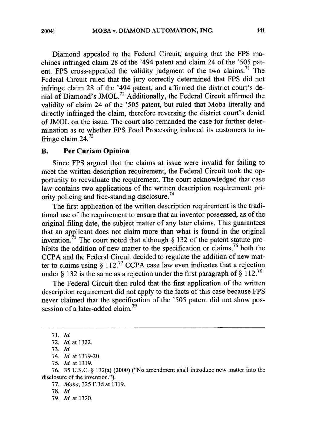 20041 MOBA v. DIAMOND AUTOMATION, INC. Diamond appealed to the Federal Circuit, arguing that the FPS machines infringed claim 28 of the '494 patent and claim 24 of the '505 patent.