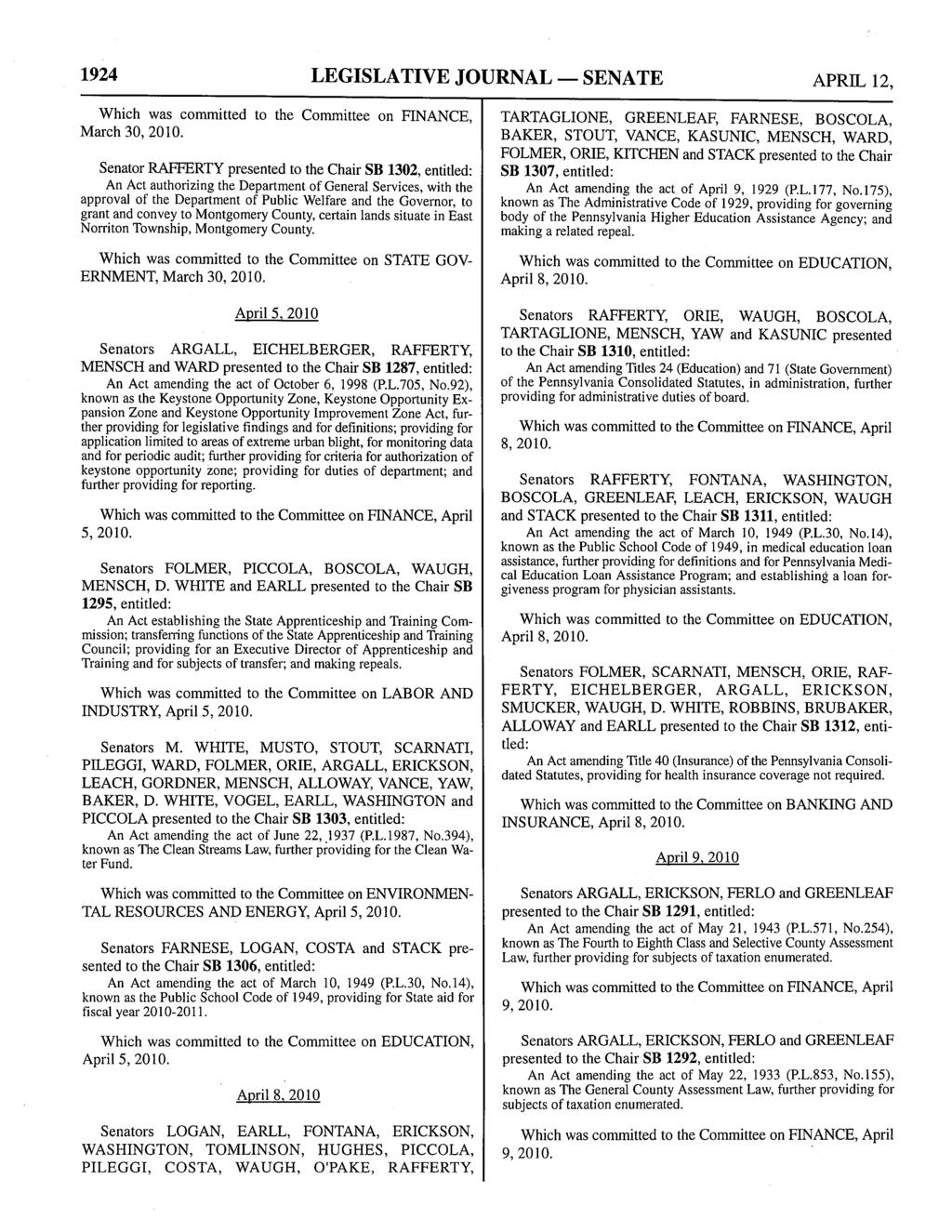 1924 LEGISLATIVE JOURNAL - SENATE APRIL 12, Which was committed to the Committee on FINANCE,.
