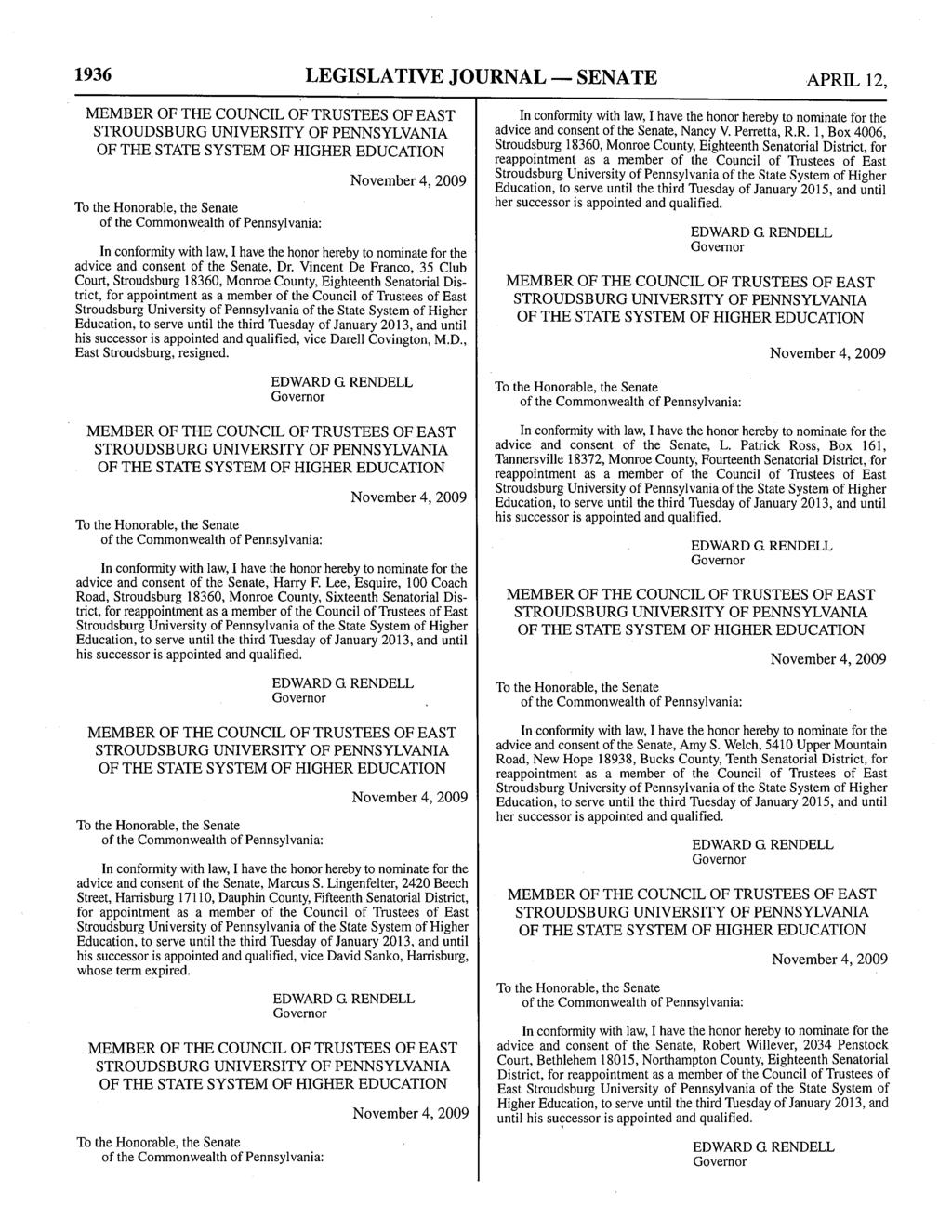 1936 LEGISLATIVE JOURNAL - SENATE APRIL 12, advice and consent of the Senate, Dr.