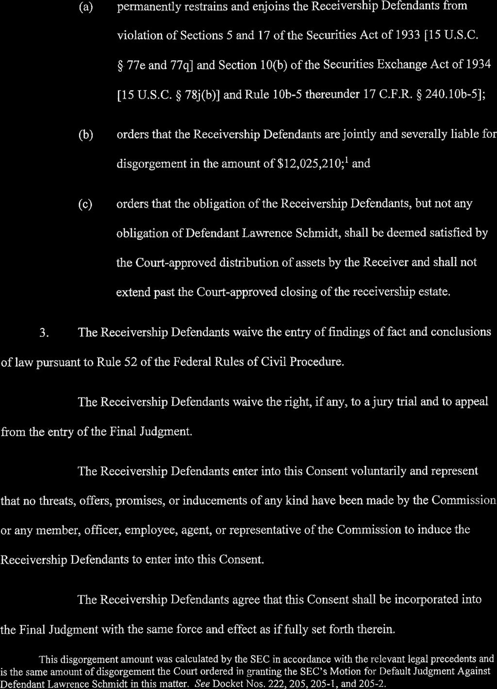 Case 1:14-cv-01002-CRC Document 238 Filed 03/08/19 Page 2 of 11 (a) permanently restrains and enjoins the Receivership Defendants from violation of Sections 5 and 17 of the Securities Act of 1933 [15