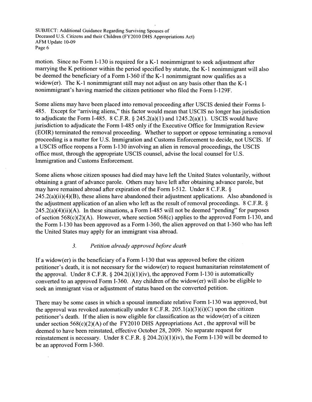 Deceased U.S. Citizens and their Children (FY201 0 DHS Appropriations Act) Page 6 motion.