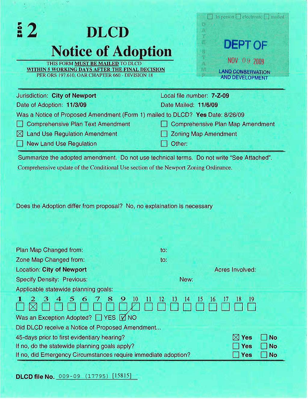 TI a pi rinn,71 ètèt iiv'iiic [ J nwiïcjl 12 DLCD Notice of Adoption i T- DEPTOF MOv o 9 THIS FORM MUST BE MAILED TO DLCD WITHIN 5 WORKING DAYS AFTER THE FINAL DECISION PER ORS 197.