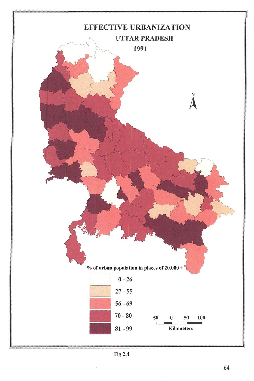 EFFECTIVE URBANIZATION UTTAR PRADESH 1991 % of urban population in places of