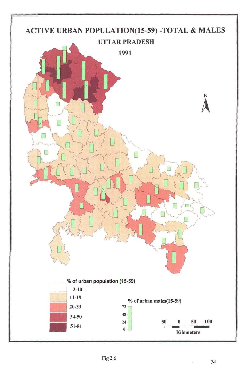 ACTIVE URBAN POPULATION(15-59) -TOTAL & MALES UTTAR PRADESH 1991,% of urban population (15-59)