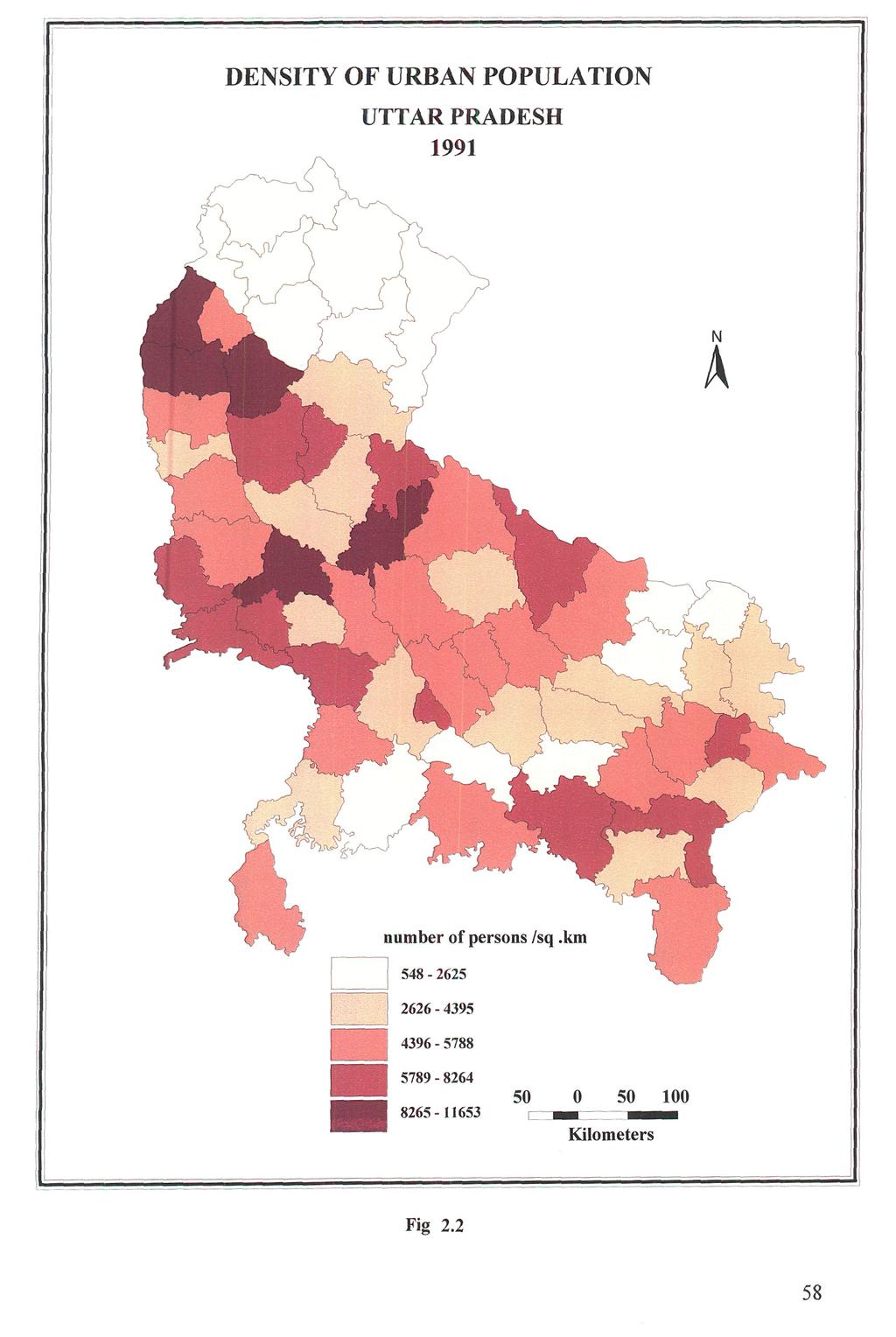 DENSITY OF URBAN POPULATION UTTAR PRADESH 1991 number of persons /sq.
