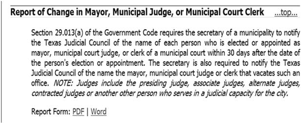 Report of Change in Mayor, Municipal Judge, or Municipal Court Clerk Report of Change in Mayor, Municipal Judge, or Municipal Court Clerk