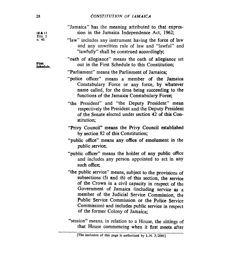 28 CONSTITUTION OF JAMAICA loa II Eliz. 2 c. 40. Fht WCdUlC.