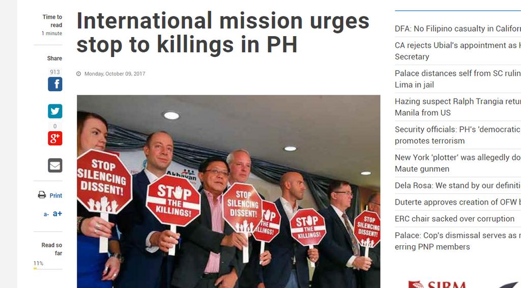 https://www.cnbc.com/2017/10/09/the-associated-pressinternational-mission-urges-stop-to-killings-in-philippines.html Sun Star: International mission urges stop to killings in PH http://www.sunstar.