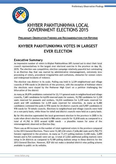 Publications KP Local Government Election FAFEN observed the largest ever local government elections in KP on May 31, 2015.