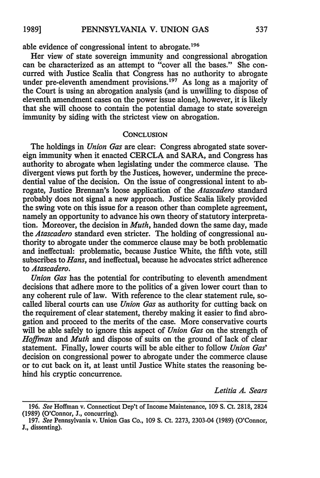 1989] PENNSYLVANIA V. UNION GAS able evidence of congressional intent to abrogate.