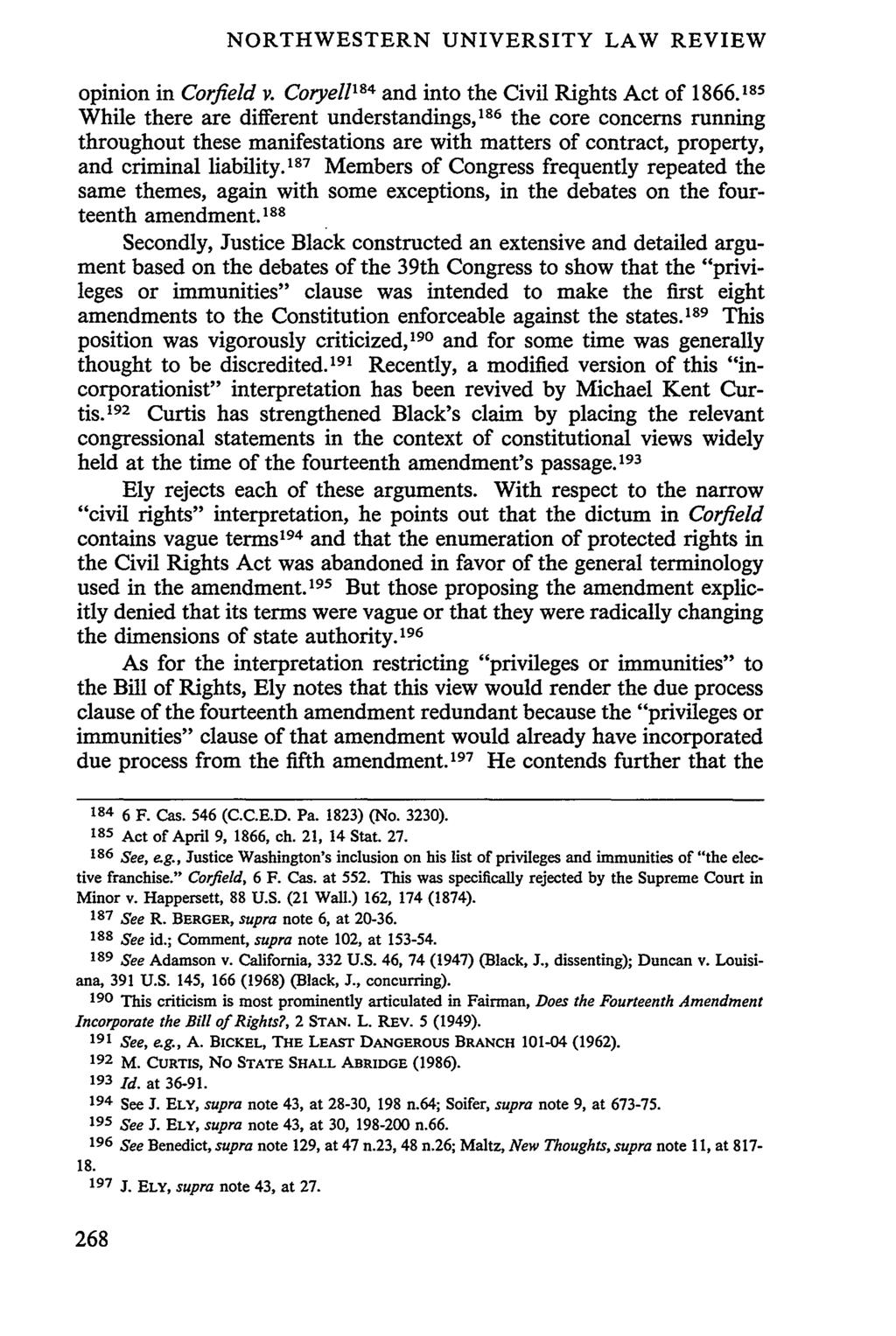 NORTHWESTERN UNIVERSITY LAW REVIEW opinion in Corfield v. Coryel1 184 and into the Civil Rights Act of 1866.