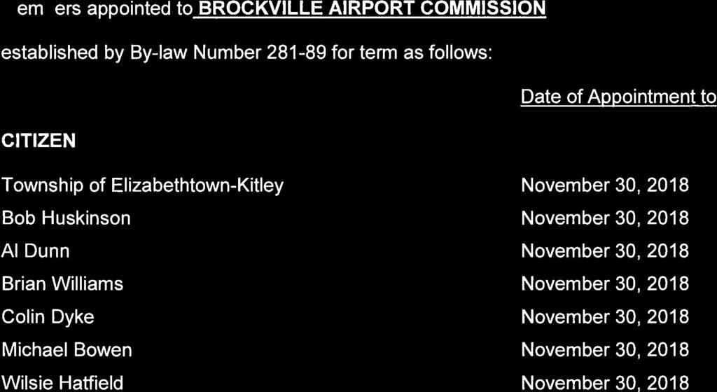By-Law Number 085-20 14 Schedule A Members appointed to BROCKVILLE AIRPORT COMMISSION established by By-law Number 281-89 for term as