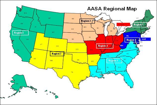 AASA Regional Map Seven regions, each with a similar number of AASA voting members: Region 1: CA, ID, MT, NV, OR, WA, WY Region 2: AR, AZ, CO, KS, NM, OK, TX, UT Region 3: IA, MI, MN, ND, NE, SD, WI