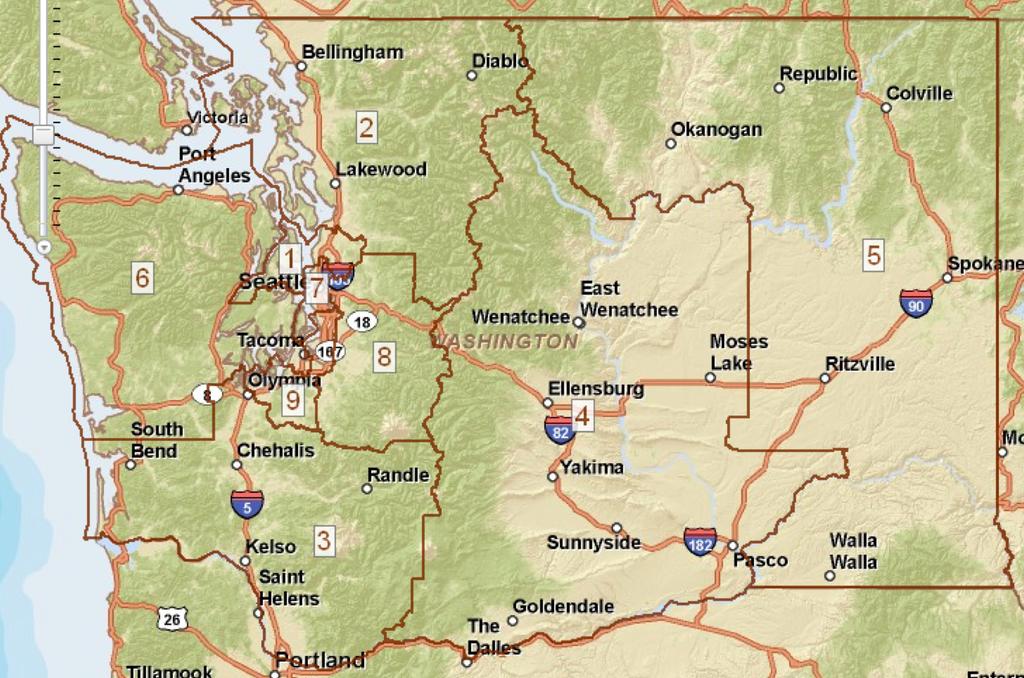 districts; districts 1,2, 6, 7, and 9 (all surrounding Puget Sound) are held by