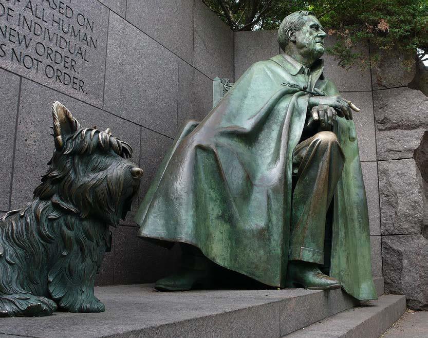 Sculptures inspired by photographs depict the 32nd president alongside his dog Fala.