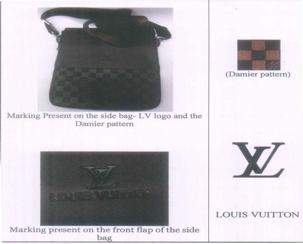 in counterfeit goods bearing the exclusive Damier pattern of the plaintiff which is evident from the following:- Counterfeit sold by the defendants Plaintiff s Registered Trademarks being infringed
