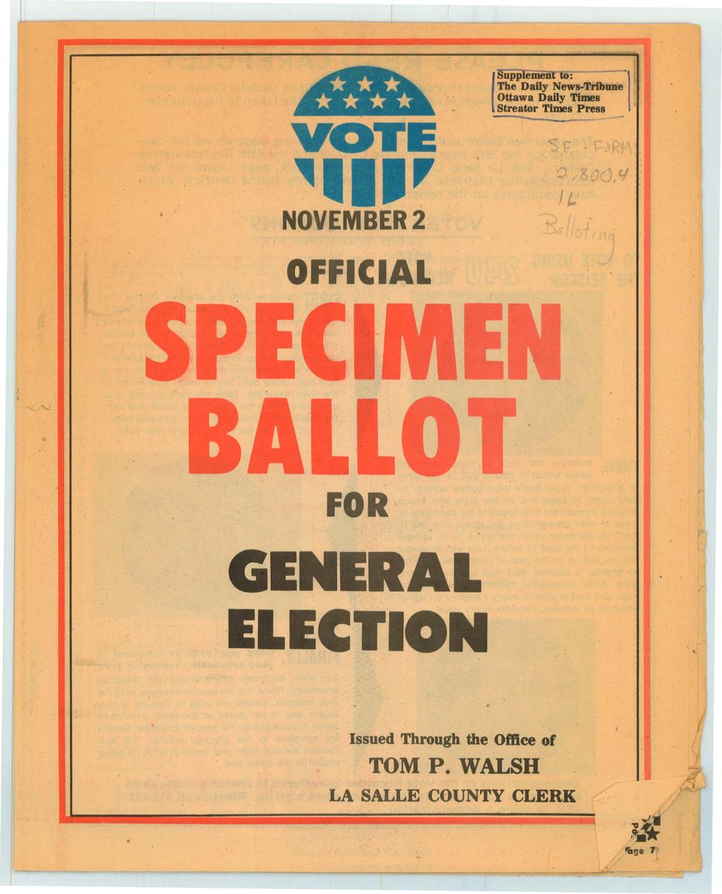 ' *** **** VOTE, NOVEMBER2 OFFICIAL 1 1-' FOR GENERAL ELECTION Issued