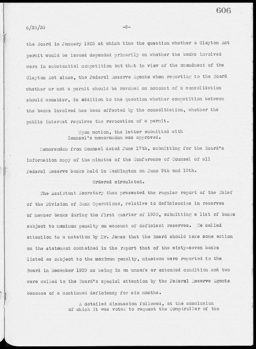 606 6/25/30-8- the 3oard in Oanuary 1925 at which time the question whether a Clayton Act permit would oe issued depended primarily on whether the oanks involved were in substantial co7.