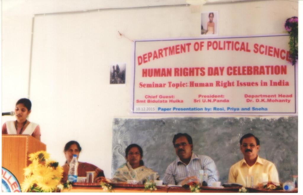 Dignitaries on the dais(l-r ) -Smt Reba Patro, lecturer in Political Science, Smt Bidulata Huika, Sri U.N Panda principal of the college and chairman of the meeting, Dr.D.k Mohanty, Reader,HOD, Department of Political Science and Smt Leepa Panda, lecturer in Political Science.