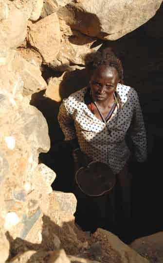 Top left, below and right: Collecting well water. Water Lacking other water sources, women may climb down into the wells and slowly collect water in calabashes.