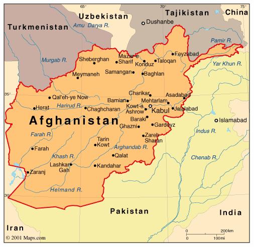 National name: Jomhuri-ye Eslami-ye Afghanestan President: Hamid Karzai (2002) Total area: 647,500 sq km Population (2007 est.): 31,889,923 (growth rate: 2.6%); birth rate: 46.
