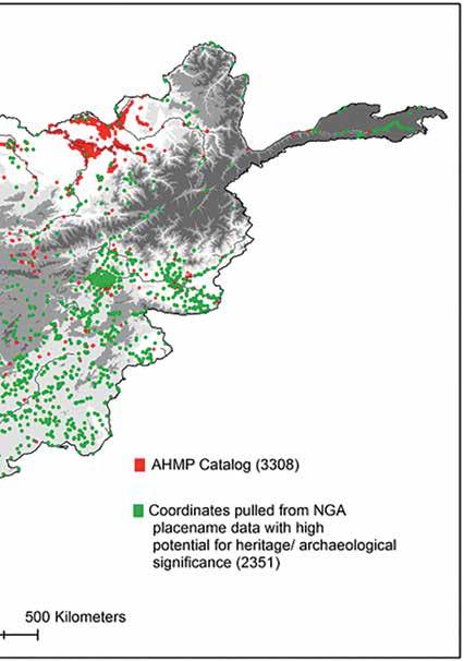 above: Figure 7. Afghan Heritage Mapping Project (AHMP) map of confirmed (red) and probable (green) archaeological sites in Afghanistan located by analysis of remote sensing images.