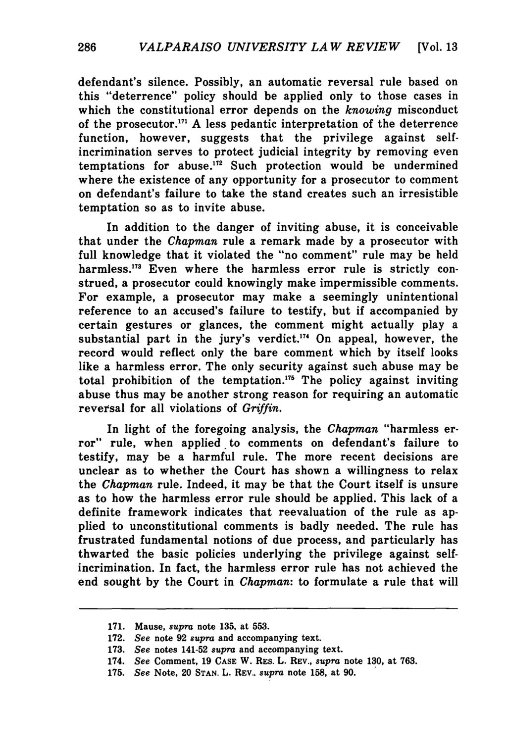 Valparaiso University Law Review, Vol. 13, No. 2 [1979], Art. 3 286 VALPARAISO UNIVERSITY LAW REVIEW [Vol.13 defendant's silence.