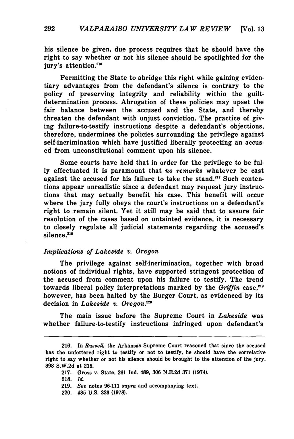 Valparaiso University Law Review, Vol. 13, No. 2 [1979], Art. 3 292 VALPARAISO UNIVERSITY LAW REVIEW [Vol.