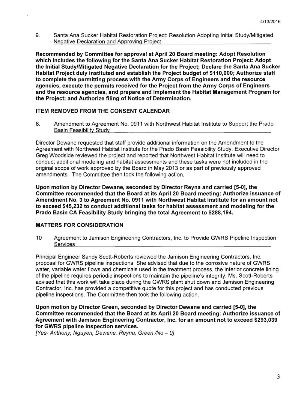 Santa Ana Sucker Habitat Restoration Project: Resolution Adopting Initial Study/Mitigated Ne.qative Declaration and Approvin.