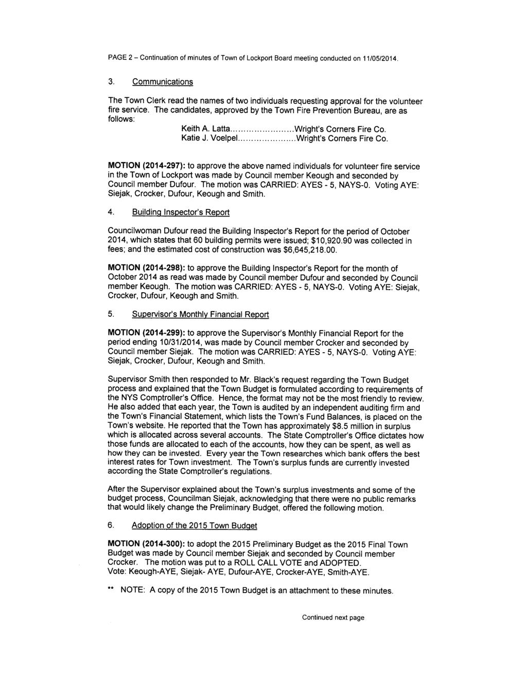 PAGE 2 Continuation of minutes of Town of Lockport Board meeting conducted on 11/ 05/ 2014. 3.