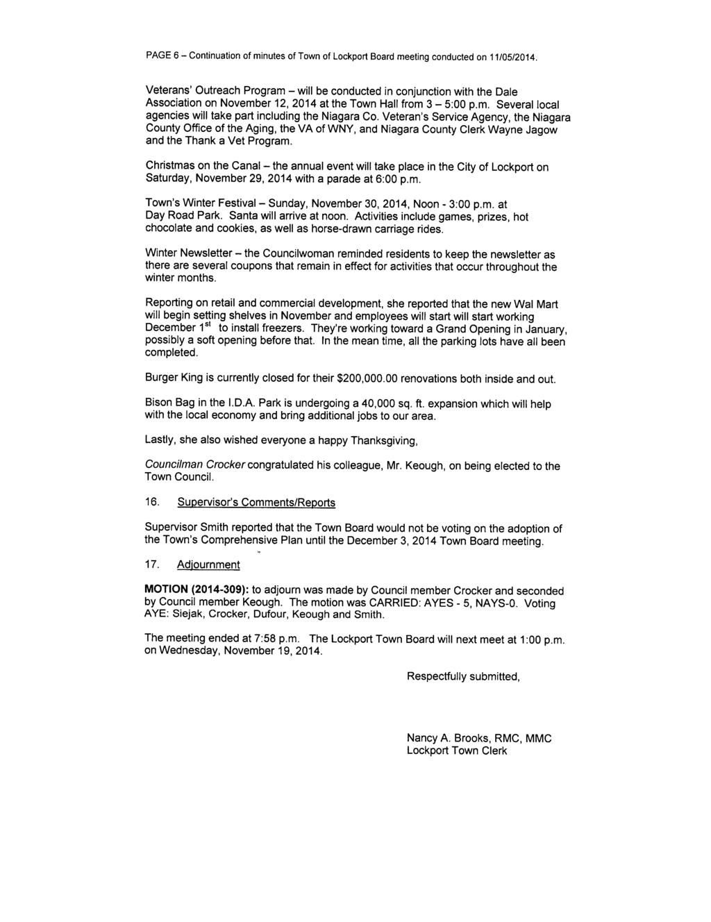 PAGE 6 Continuation of minutes of Town of Lockport Board meeting conducted on 11/ 05/ 2014.