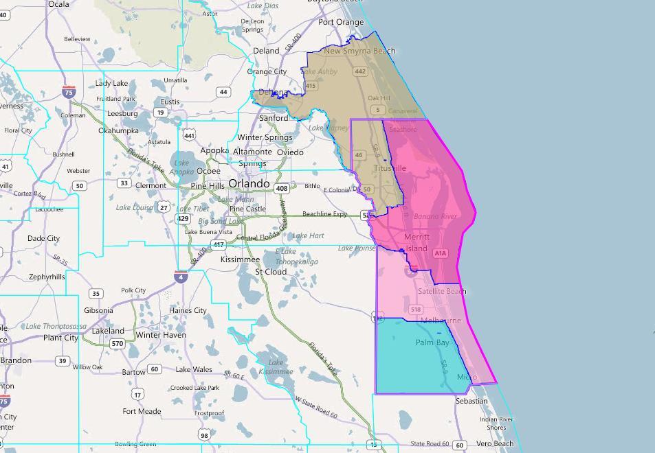 Cent-33: HPUBH0002 State House Districts Based in Brevard County 70 Description: Partial State House redistricting plan with four districts drawn.
